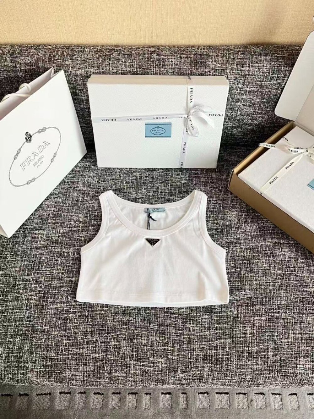 Prada White Cropped Tank Top with Triangle Logo